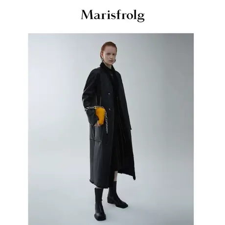 【双排扣量感大衣】玛丝菲尔女装冬新款黑色长款皮草拼接量感大衣商品大图