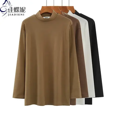 早春新款半高领宽松大码中长款保暖双面德绒长袖体恤上衣女打底衫商品大图