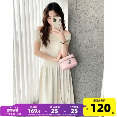 唐狮超漂亮气质温柔约会穿搭连衣裙女秋冬白色一字肩长款针织裙yd图片