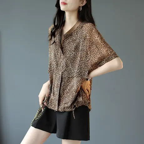 宝诗黎豹纹印花薄款上衣夏宽松新款女装2024短袖时尚休闲拉链外套商品大图