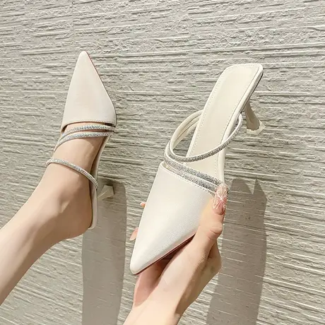 2024年新款尖头网红水钻一脚蹬高跟拖鞋时尚外穿包头半拖鞋女两穿商品大图