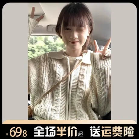 日系复古麻花拉链毛衣外套女秋冬小众设计感慵懒风针织polo领开衫图片