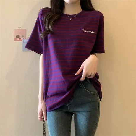 紫色条纹高级感短袖t恤女夏季韩版宽松美式复古小众别致正肩上衣图片
