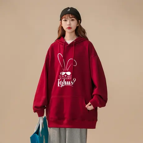 酒红色兔年本命年卫衣女秋冬加绒加厚潮牌国潮设计感宽松大码外套商品大图