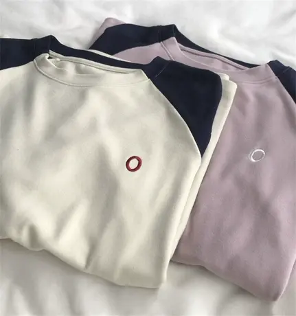 软又糯~云朵磨毛插肩长袖T恤打底衫女圆领休闲刺绣减龄内搭上衣新商品大图