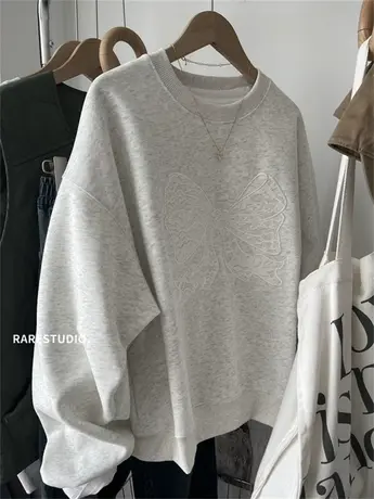 韩国春款重工刺绣蕾丝蝴蝶结设计款洋气百搭圆领宽松卫衣女韩系图片