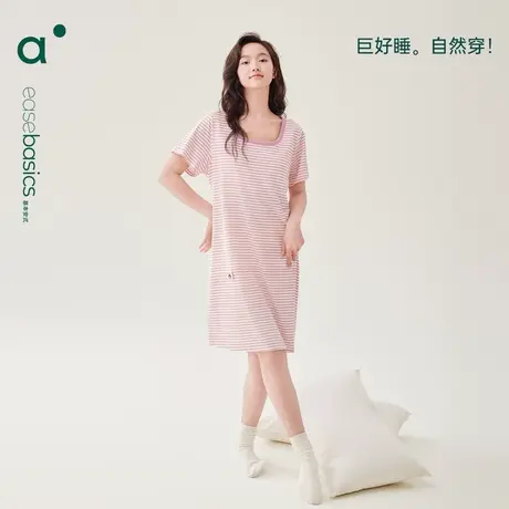 安之伴【巨凉感】纯棉睡裙女夏季薄款甜美条纹带胸垫短袖睡衣宽松图片