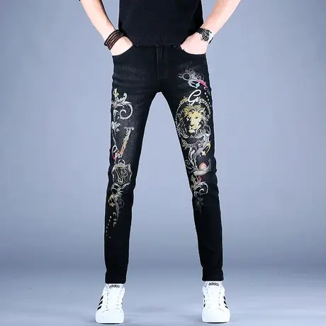 2023男款秋款男士高端印花牛仔裤男修身小脚男款裤子韩版休闲长裤图片