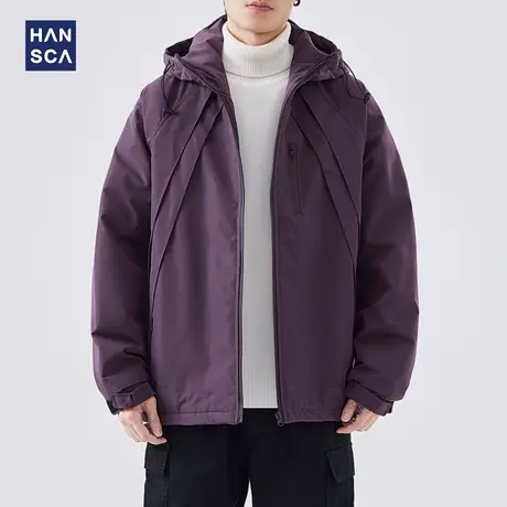 hansca户外工装连帽棉衣男士秋冬款日系山系纯色加厚防风冲锋外套商品大图