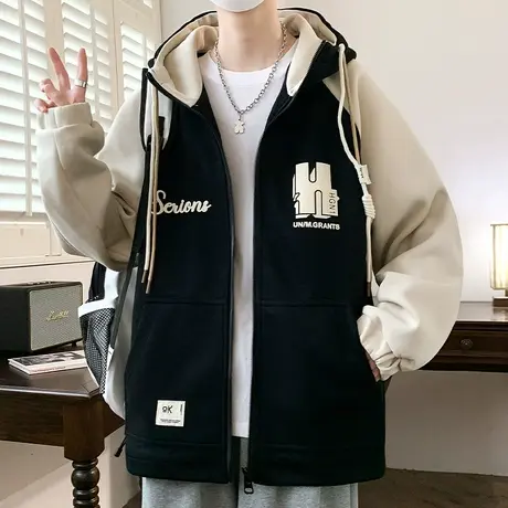 港风夹克男春秋季撞色拼接连帽外套男潮牌青少年休闲宽松运动褂子商品大图