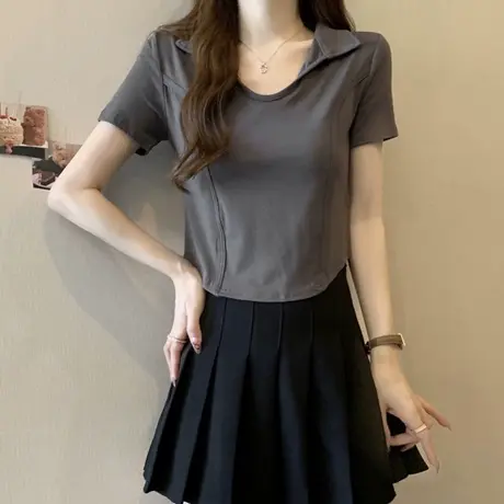 夏季女装2024新款U领短袖T恤短款半袖打底小衫内搭辣妹鱼骨小上衣商品大图