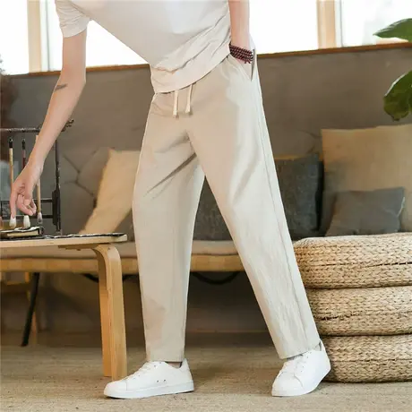 裤子男士夏季薄款宽松亚麻九分裤中国风男装休闲裤棉麻小脚哈伦裤商品大图