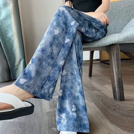 冰丝牛仔阔腿裤女夏季高腰垂感慵懒防晒印花民族风直筒休闲拖地裤商品大图