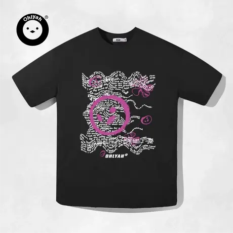 Ohlyah设计师原创卡通品牌扭曲字母涂鸦印花圆领短袖T恤男女上衣图片