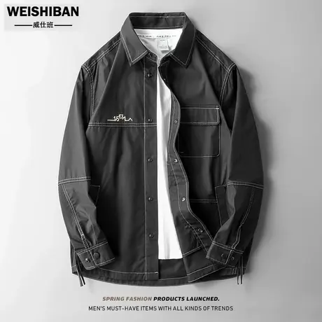 春季新款工装多袋衬衫男秋季薄款宽松外套拼接明线休闲衬衣型夹克图片