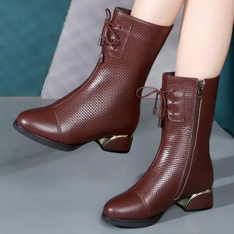 2023秋季新款真皮中跟大码靴子41 43中筒靴妈妈软底软皮加绒皮靴图片