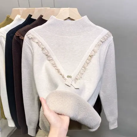 一体绒半高领毛衣女加绒内搭打底衫2023秋冬新款蕾丝针织衫厚毛衣商品大图