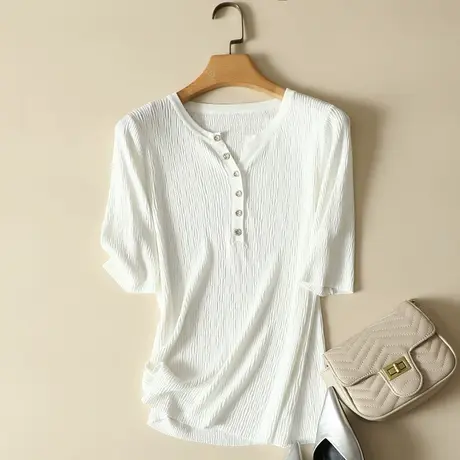 冰丝针织衫短袖t恤女2022春夏新款圆领宽松显瘦薄款打底衫女上衣商品大图