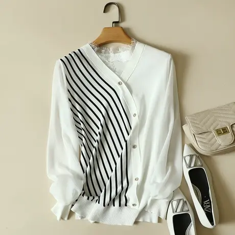 秋装2023年新款雪纺袖冰丝针织假开衫女宽松上衣洋气蕾丝打底衫女商品大图