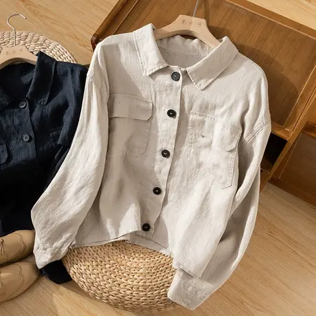 享永子雨露亚麻衬衫女文艺复古工装棉麻衬衣上衣宽松2023秋季新款图片