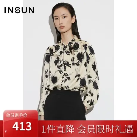 恩裳COVER2023春款新款优雅缎面剪影花卉灵动飘带灯笼袖印花衬衫图片