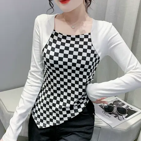 欧货假两件长袖T恤女装性感高腰紧身上衣潮春装洋气棋盘格打底衫商品大图
