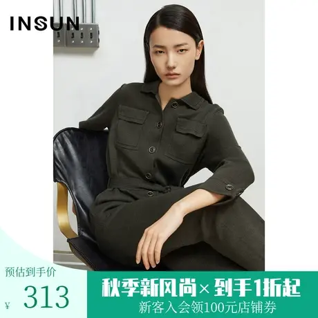 恩裳春秋季经典时髦羊毛超有质感撞色腰带毛针织连体衣女图片