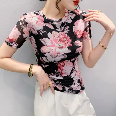漂亮印花T恤女短袖2023夏季新款洋气网纱小衫减龄年轻别致上衣潮商品大图