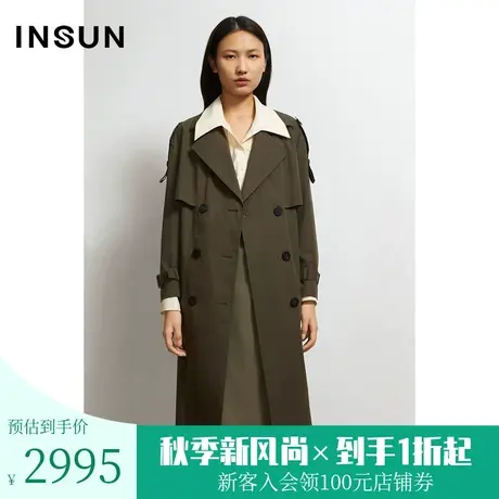 恩裳秋季商场同款军绿色双排扣中长款宽松都市轻商务风衣图片