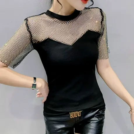 欧货性感镂空上衣女短袖夏季重工烫钻纱网拼接T恤修身气质小衫潮商品大图