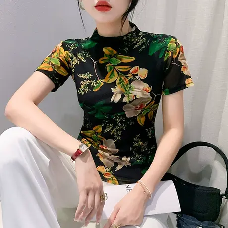 复古印花雪纺衫女短袖早秋2023新款洋气半高领上衣内搭别致打底衫商品大图
