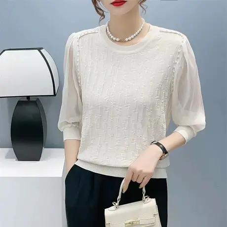 秋季2023新款宽松薄款针织衫女七分袖中袖打底衫设计感小众洋气女商品大图