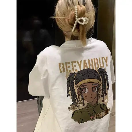 美式复古潮牌hiphop白色短袖T恤女款夏季宽松情侣oversize上衣ins图片