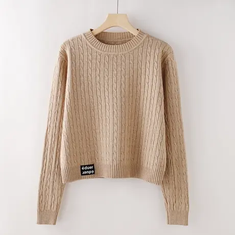 麻花长袖套头毛衣女秋冬新款圆领宽松针织打底衫贴布短款韩版上衣图片