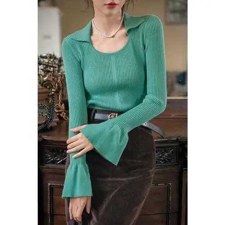 弥古翻领针织衫女设计感小众绿色喇叭袖上衣高级感秋季内搭打底衫商品大图