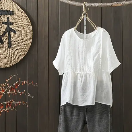 枫谜2022年夏季新款薄款透视苎麻风琴皱宽松短袖上衣图片