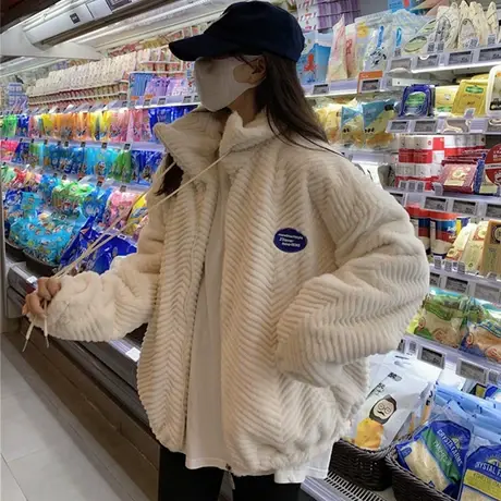 羊羔毛外套女2021新款秋冬上衣加绒加厚美式复古开衫棒球服ins潮图片