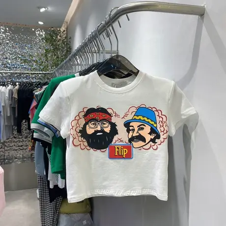 短袖t恤女2021夏季新款韩版ins潮修身短款显瘦弹力垫肩露腰上衣服商品大图