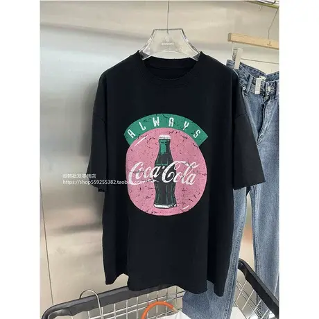 欧货2023夏装新款美式复古水洗做旧短袖t恤撕裂印花高街ins上衣商品大图