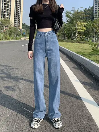 薄款小个子高腰阔腿牛仔裤女直筒宽松垂感春秋装2023新款网红长裤商品大图