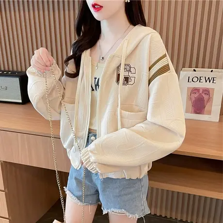 早秋装短款外套女春秋季韩版宽松初秋小个子薄款提花连帽开衫卫衣商品大图