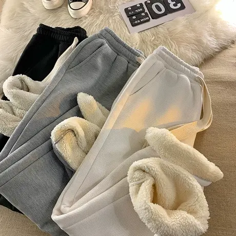 华夫格羊羔绒裤子女秋冬季加绒加厚设计感宽松大码直筒阔腿休闲裤图片