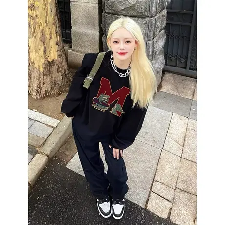 vintage设计感印花卫衣女ins春秋薄款宽松小众hiphop潮牌高街外套图片