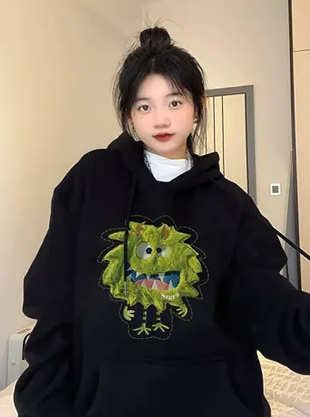 潮牌连帽卫衣女美式复古秋冬加绒加厚小众设计感宽松大码上衣外套商品大图