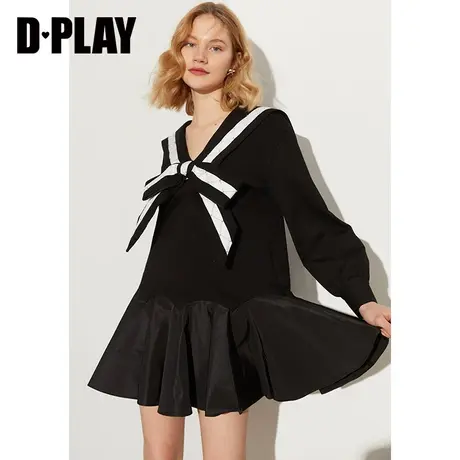 DPLAY春新款学院风减龄黑白撞色海军领小个子娃娃连衣裙图片