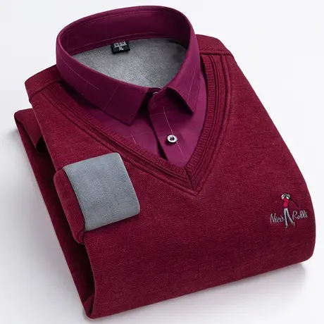 爸爸装毛衣酒红色加绒加厚男士中老年人假两件保暖针织羊毛打底衫商品大图