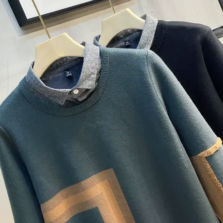 2023秋冬男装假两件毛衣男加绒保暖上衣潮流假领打底衫针织衫外套商品大图