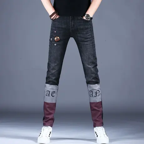 烫钻花高端牛仔裤男款修身小脚裤子男士弹力新款秋款休闲潮牌高档商品大图