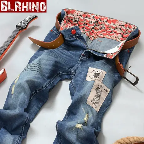 秋冬新款破洞修身直筒牛仔裤乞丐长裤子韩版潮流青年磨烂做旧潮裤商品大图