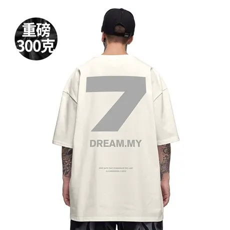 夏季新款加肥加大纯棉t恤男美式复古潮流宽松情侣奶杏色大码短袖商品大图